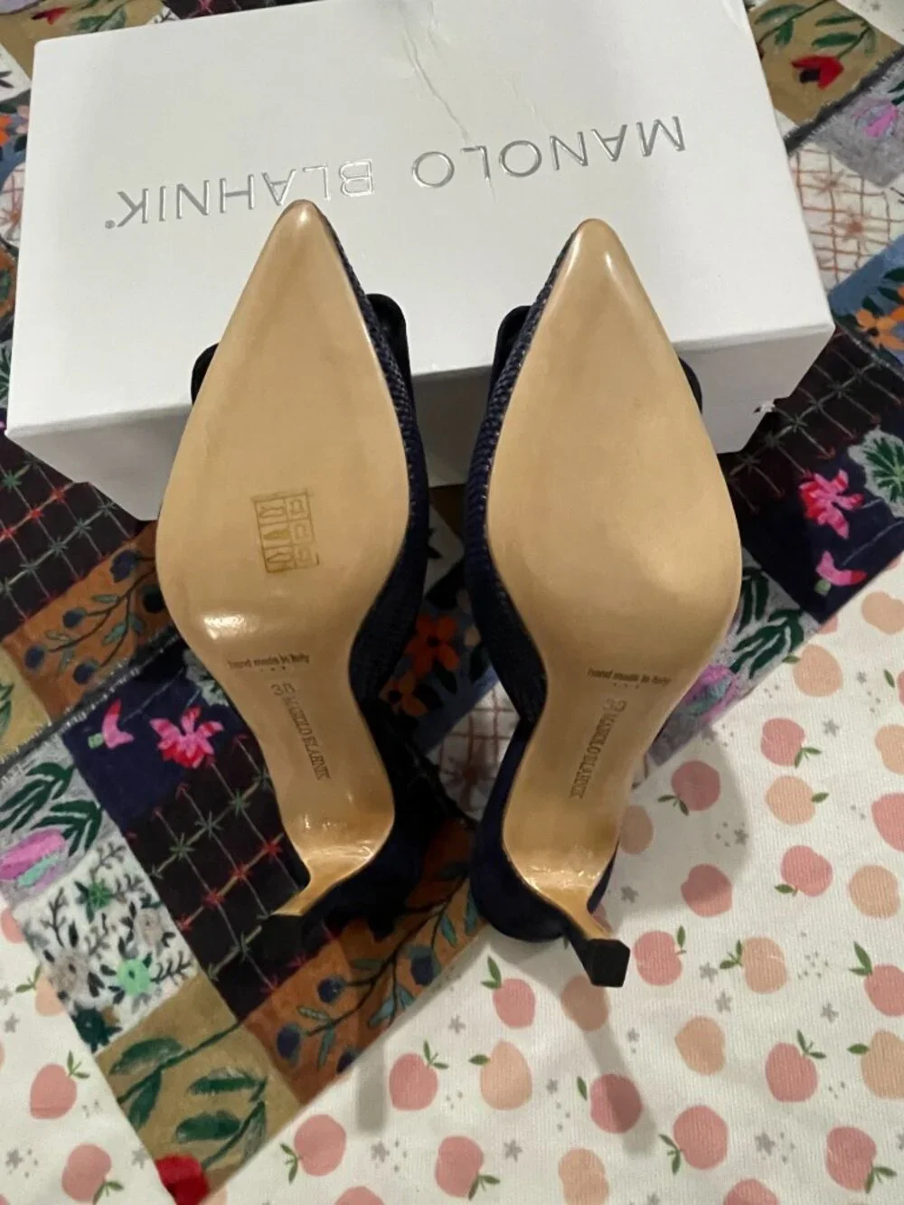 Manolo Blahnik Navy Woven Square-Buckle Mule Heels